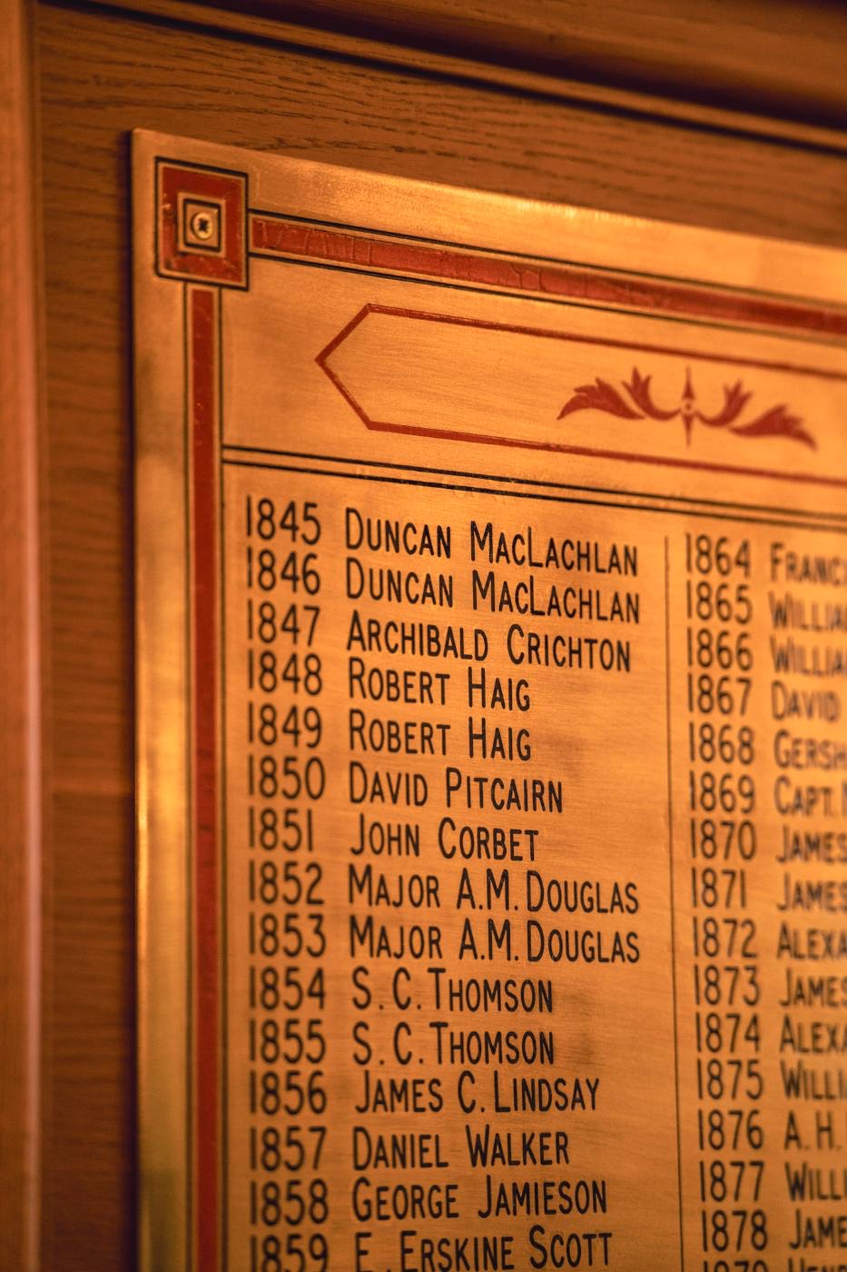 A gilt-framed honours board listing Captains from 1845: Duncan MacLachlan, Archibald Crichton, Robert Haig