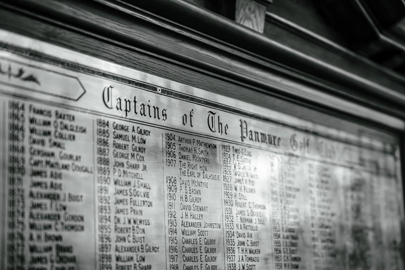 Close-up of the Captains of the Panmure Golf Club honours board, names legible from 1845 onwards
