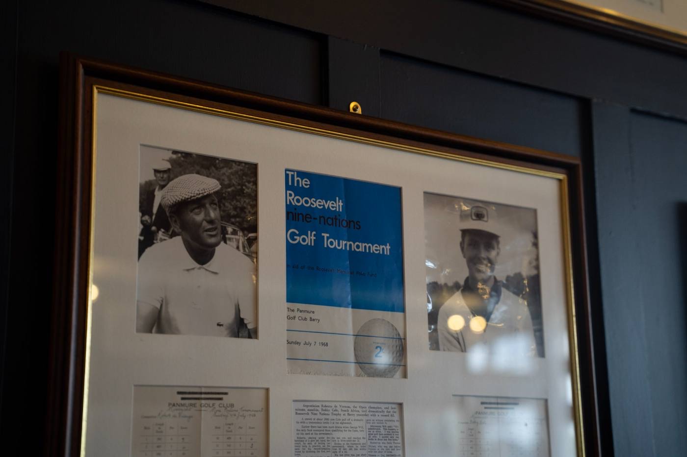 Hogan photographs either side of the 1968 Roosevelt Invitational poster, with the scorecard mounted beneath.