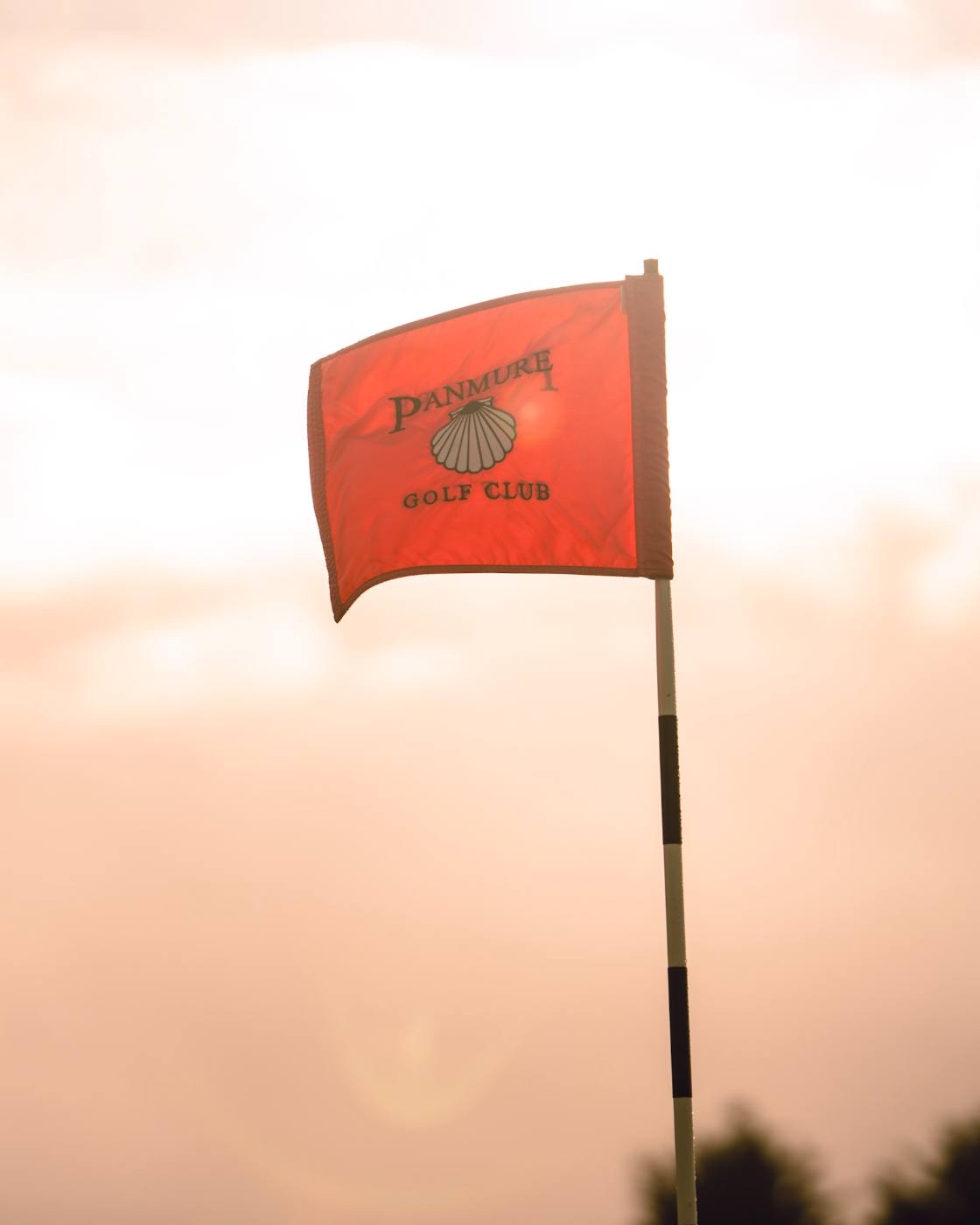 The Panmure flag, red with a white scallop shell, backlit against a bright sky