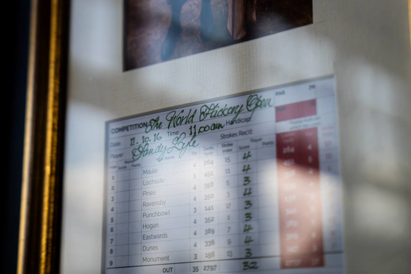 A framed and signed Sandy Lyle scorecard from the World Hickory Open, showing the front-nine hole names
