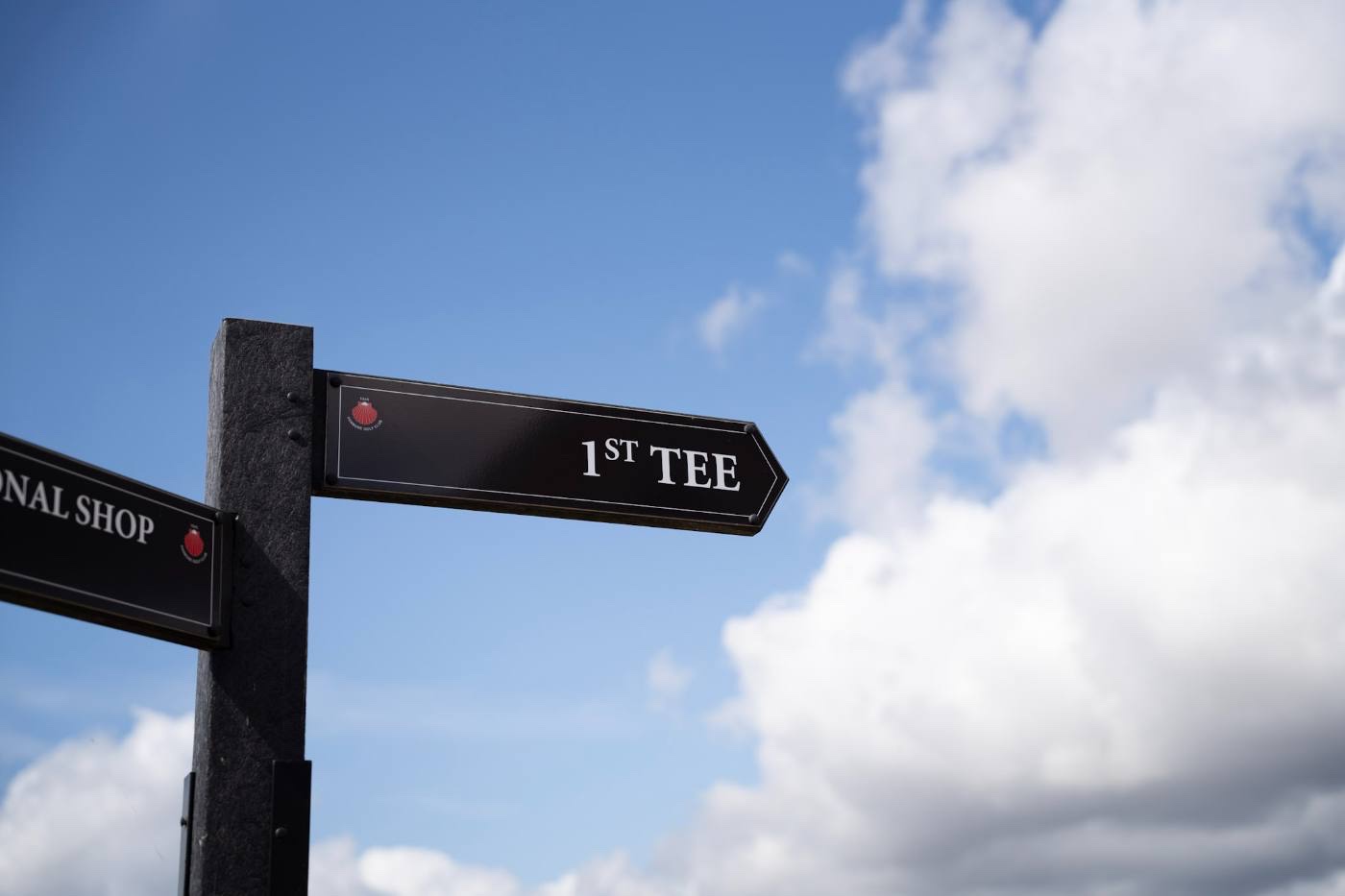 A fingerpost arm reading 1ST TEE against a bright summer sky, with a Professional Shop arm below